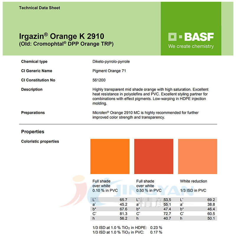 巴斯夫K2910高透明颜料橙BASF Irgazin Orange K2910/TRP有机颜料橙71